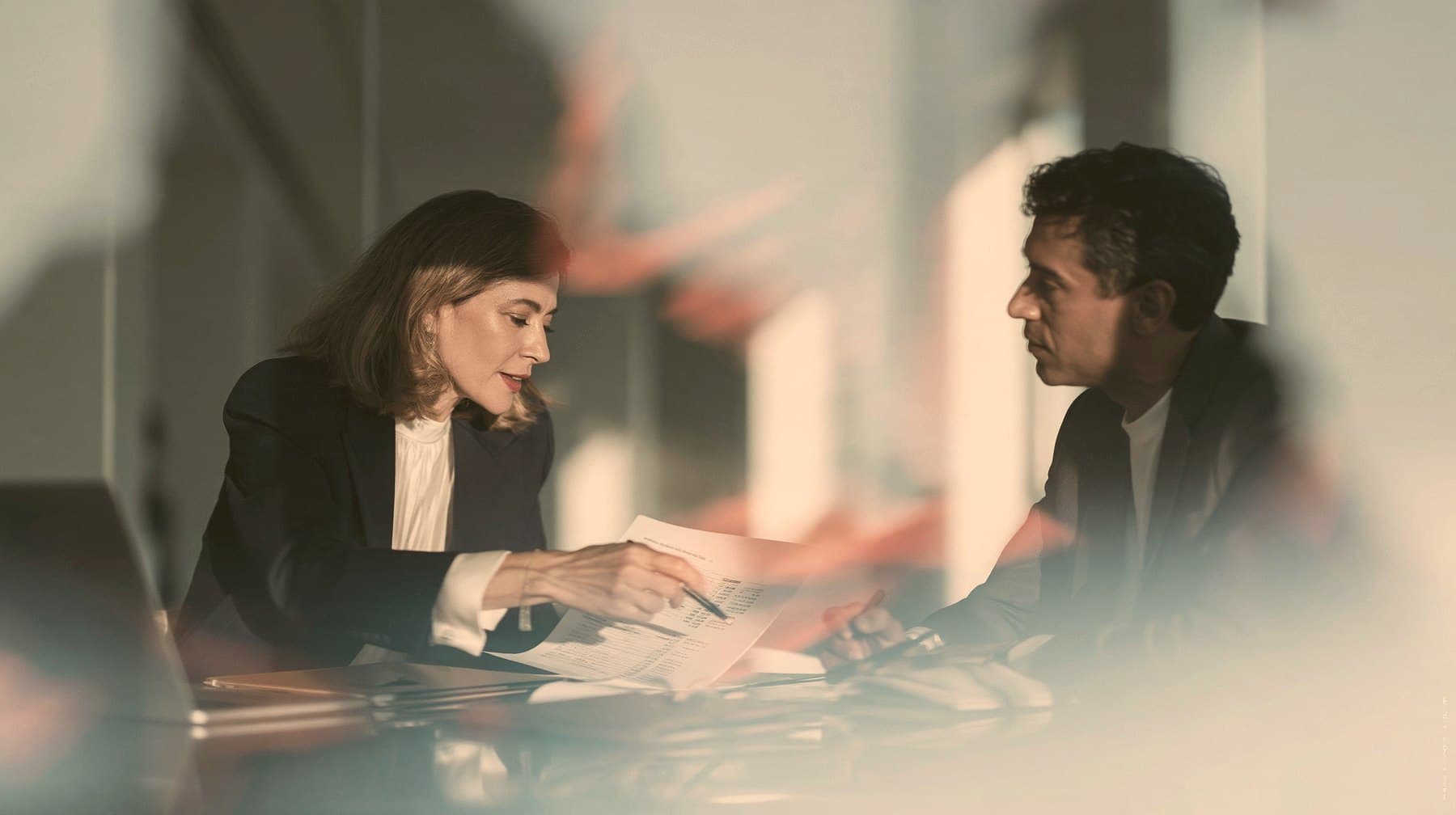 Two colleagues reviewing a document together at a table